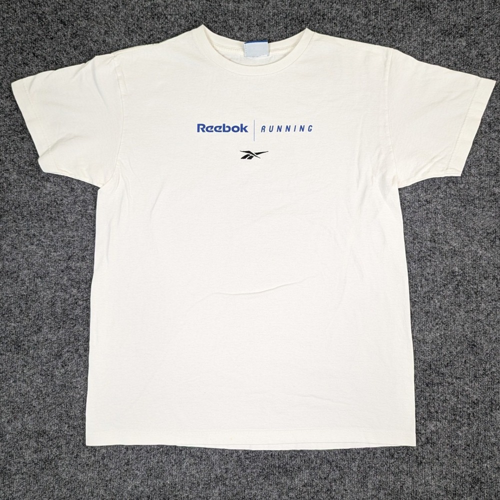 Reebok Running Graphic T-Shirt Mens Large Cream Short Sleeve Logo Tee